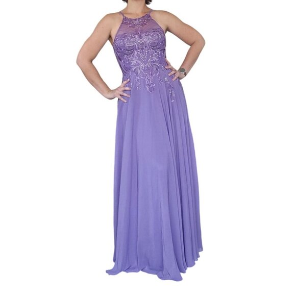 NWT JJ's House Tahiti Purple Lace Chiffon High Neck Prom Gown Dress Size 10 - Picture 2 of 11